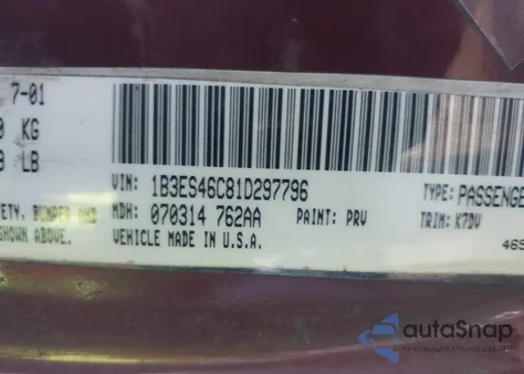 2001 Dodge Neon Se z USA, uszkodzony, nr VIN 1B3ES46C81D297796